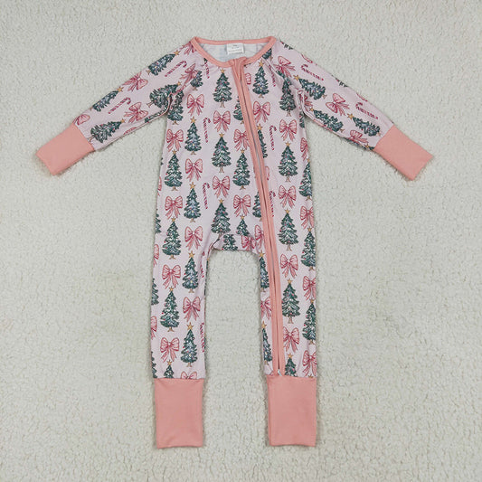 LR2283 baby girls pink Christmas trees footie zip rompers