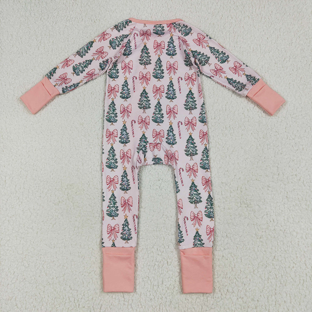 LR2283 baby girls pink Christmas trees footie zip rompers
