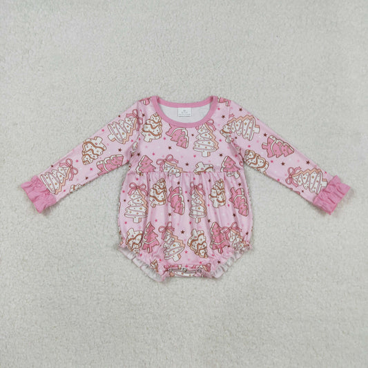 LR2301 Baby Girls Long Sleeve Pink Stripe Trees Stars Christmas Ruffle Rompers