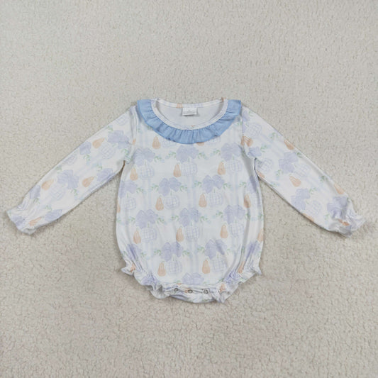 LR2312 Baby Girls Long Sleeve Blue Bows Pumpkins Fall Ruffle Collar Rompers