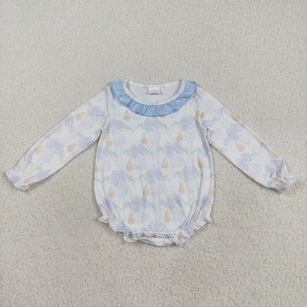 Sibling Baby Girls Blue Pumpkins Flowers Fall Rompers Dresses