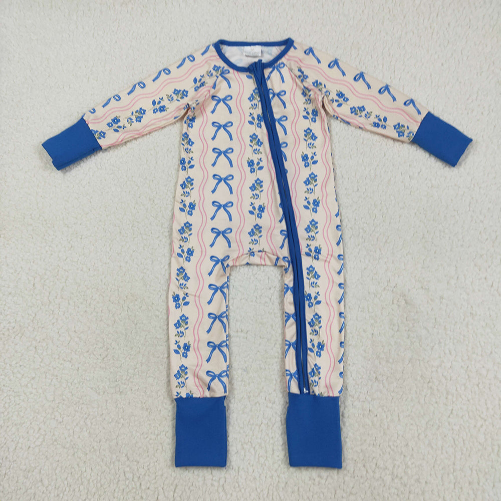 LR2327 baby girls pink blue bows footie zip rompers