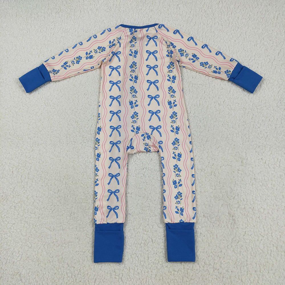 LR2327 baby girls pink blue bows footie zip rompers