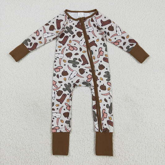 LR2334 baby boys western cow boots footie zip rompers