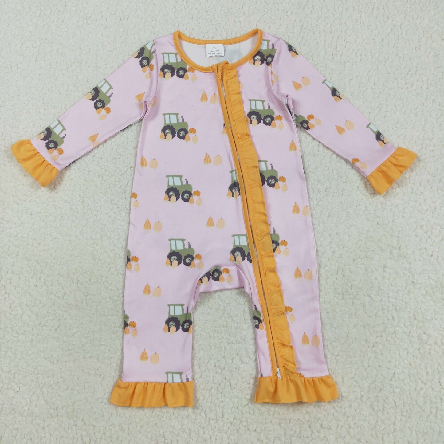 LR2336 Baby Girls Pumpkins Trucks Ruffle Sleeve Fall Zipper Footie Rompers