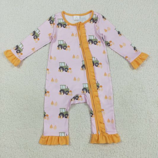 LR2336 Baby Girls Pumpkins Trucks Ruffle Sleeve Fall Zipper Footie Rompers
