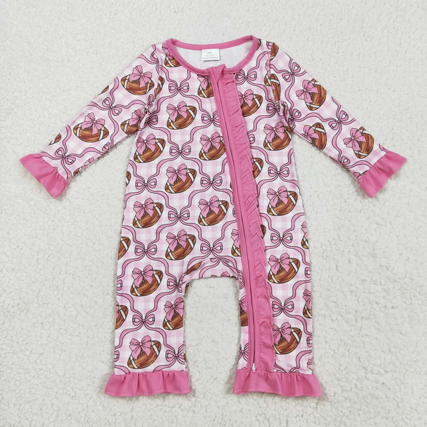 LR2361 Baby Girls Pink Checked Bows Footballs Team Ruffle Zipper Footie Rompers