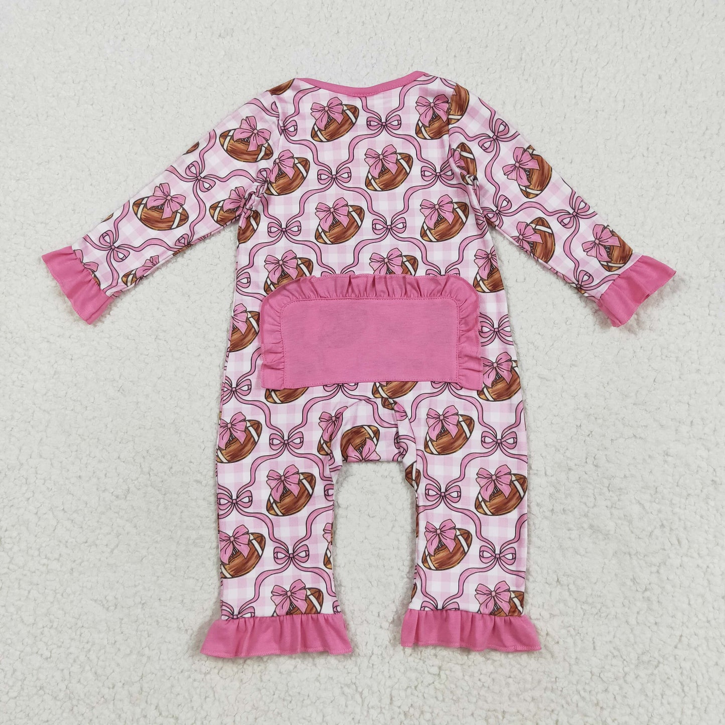 LR2361 Baby Girls Pink Checked Bows Footballs Team Ruffle Zipper Footie Rompers