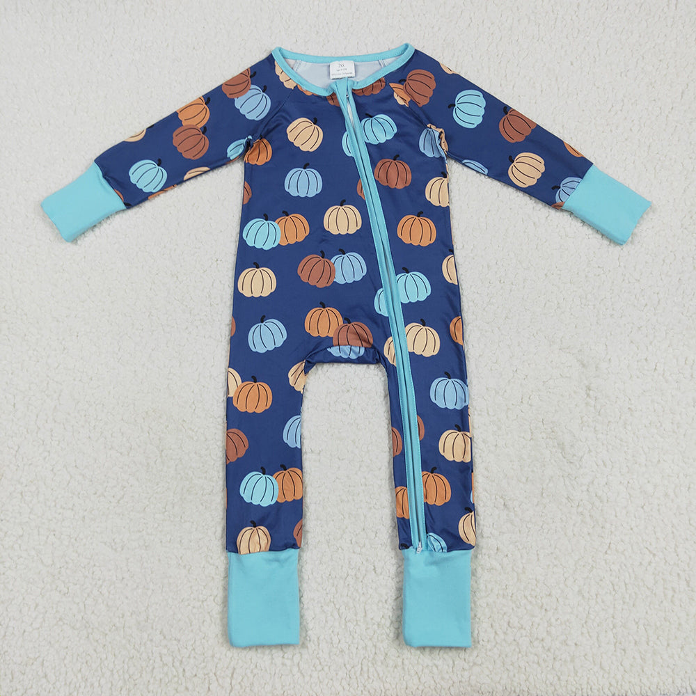 Sibling Baby Boys Blue Pumpkins Fall Outfits Pajamas Rompers Sets