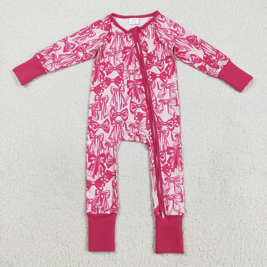 LR2365 baby girls pink bows footie zip rompers
