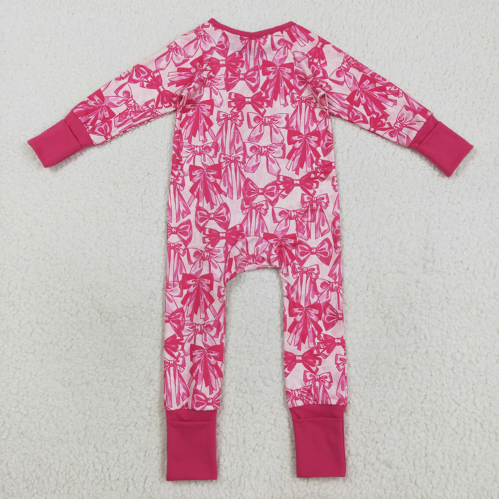 LR2365 baby girls pink bows footie zip rompers