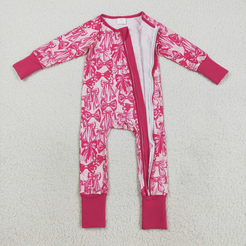 LR2365 baby girls pink bows footie zip rompers