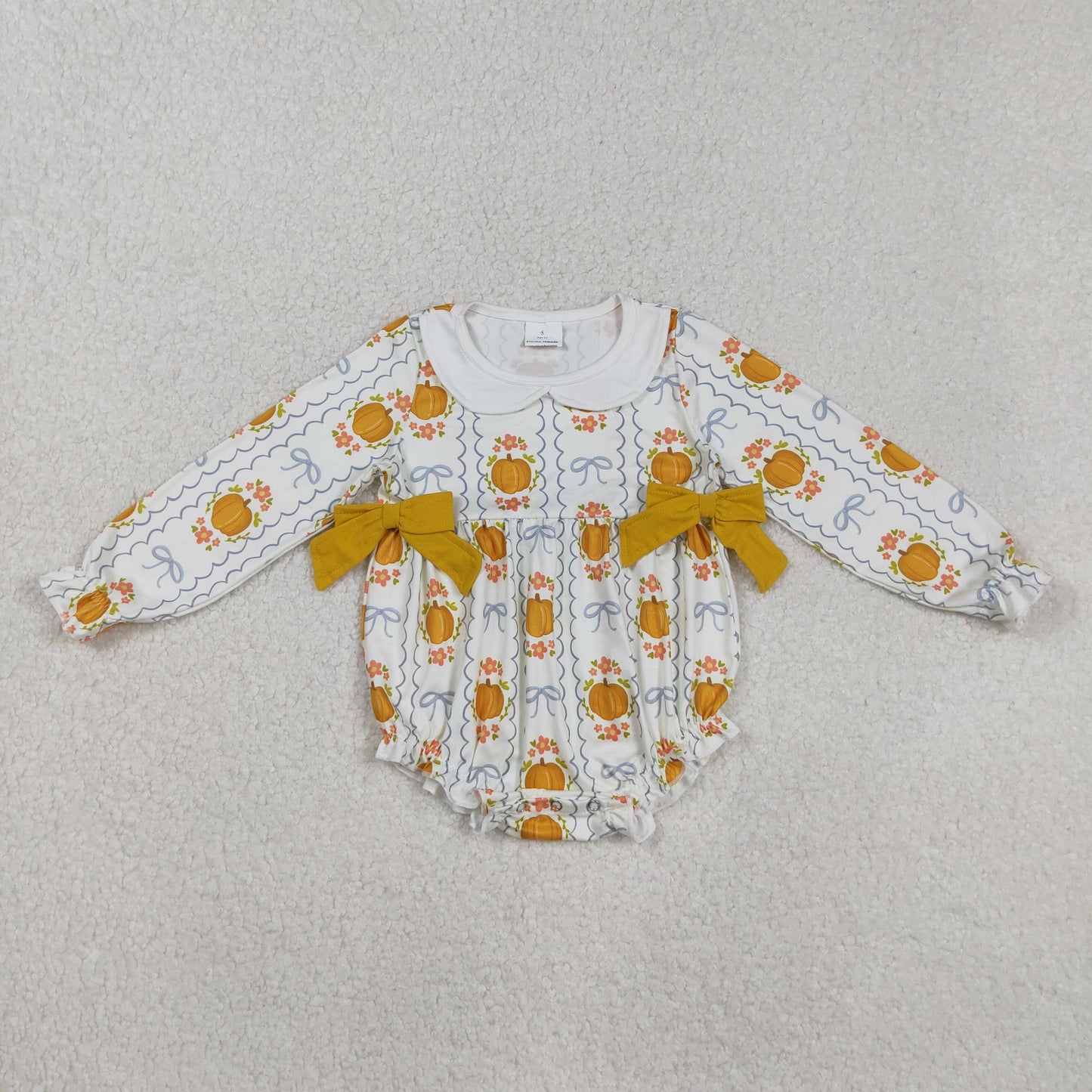 LR2389 Baby Girls Bows Flowers Pumpkins Stripe Fall Ruffle Collar Rompers