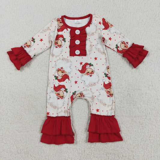 LR2395 Baby Girls Christmas Santa Stars Button Ruffle Sleeve Footie Romper