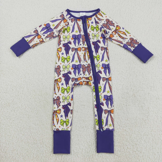 LR2403 Baby Girls Purple Green Bows Halloween Zipper Footie Rompers