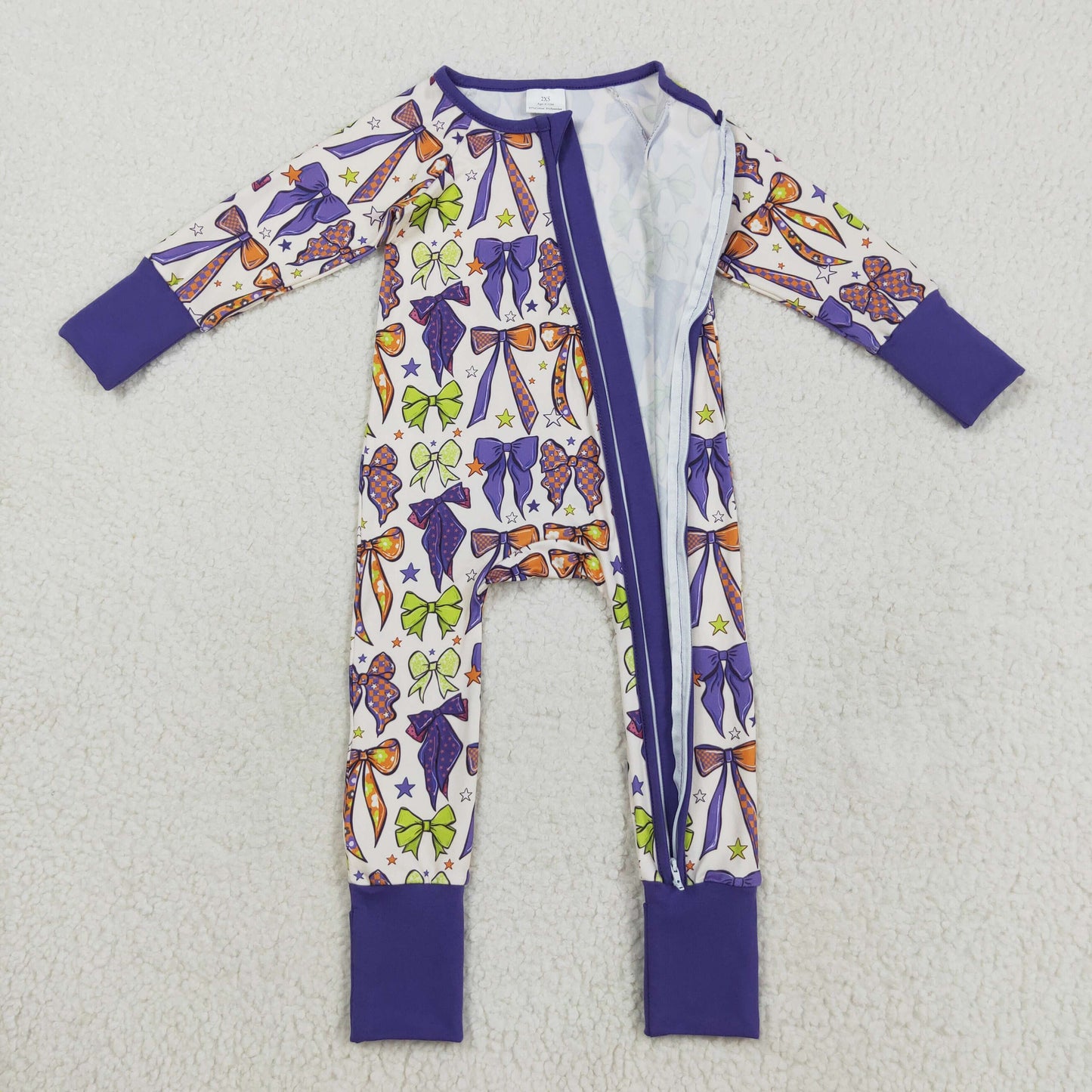 LR2403 Baby Girls Purple Green Bows Halloween Zipper Footie Rompers