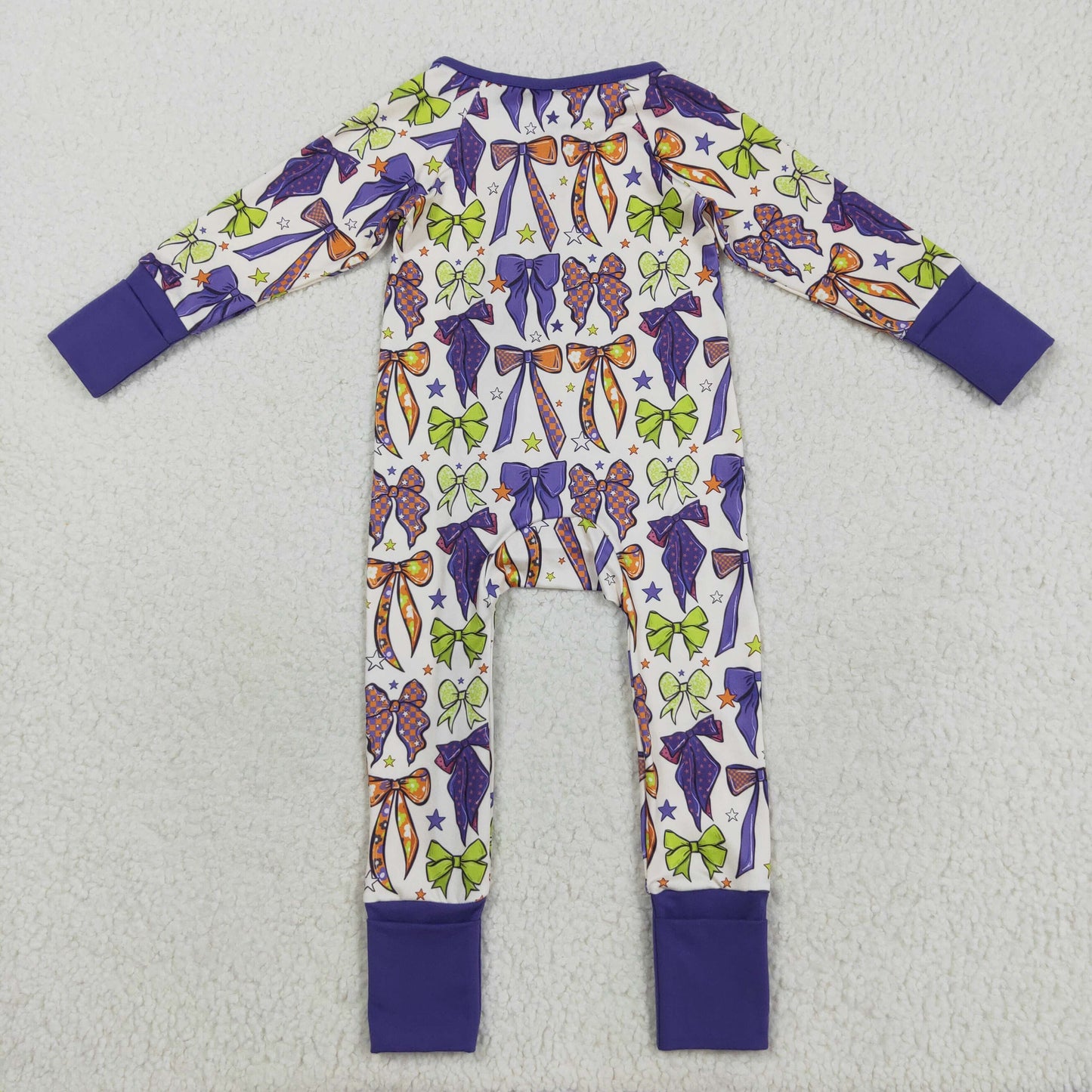 LR2403 Baby Girls Purple Green Bows Halloween Zipper Footie Rompers