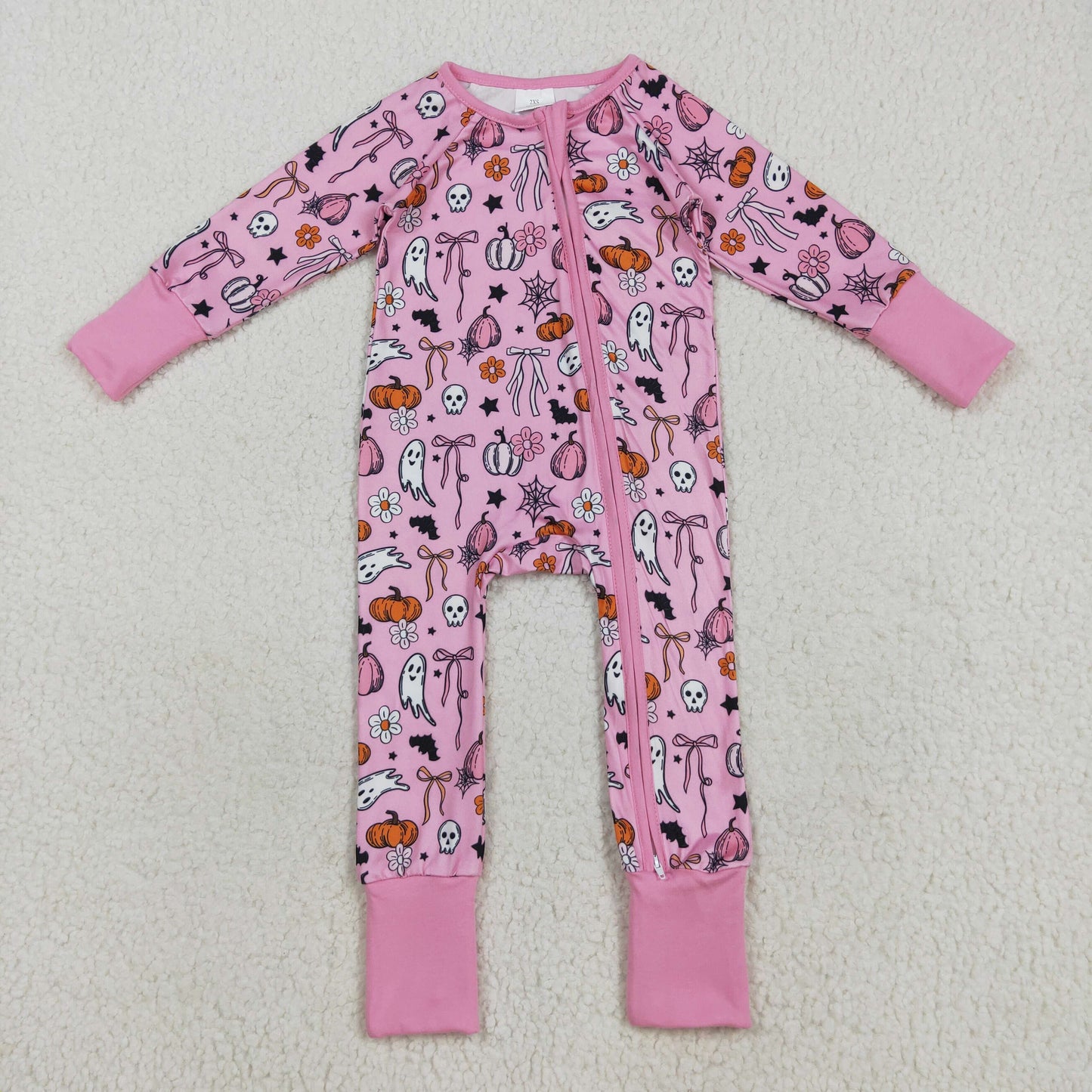 LR2405 Baby Girls Pink Ghost Pumpkins Halloween Zipper Footie Rompers