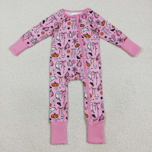 LR2405 Baby Girls Pink Ghost Pumpkins Halloween Zipper Footie Rompers