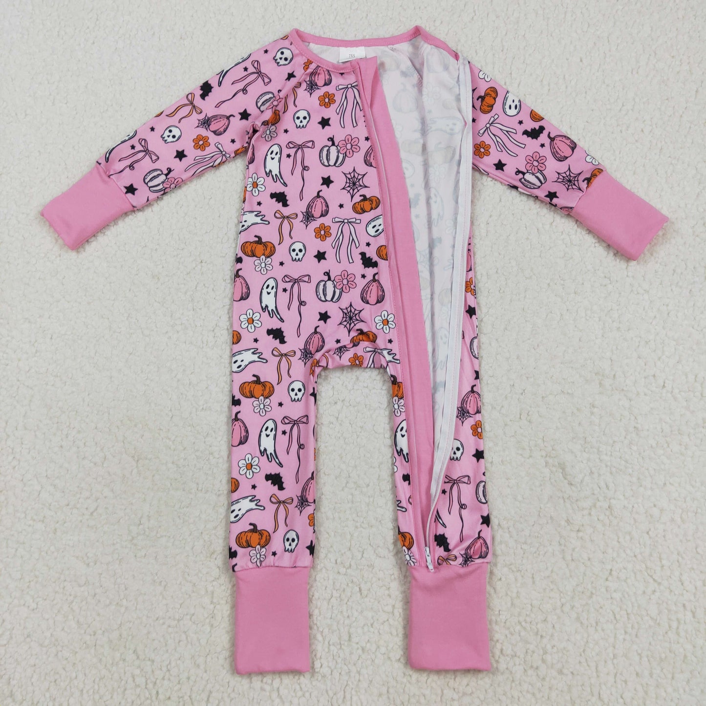 LR2405 Baby Girls Pink Ghost Pumpkins Halloween Zipper Footie Rompers