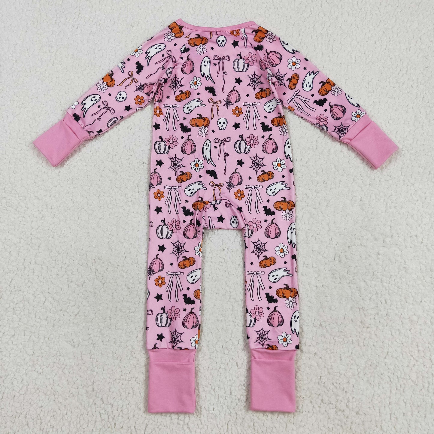 LR2405 Baby Girls Pink Ghost Pumpkins Halloween Zipper Footie Rompers