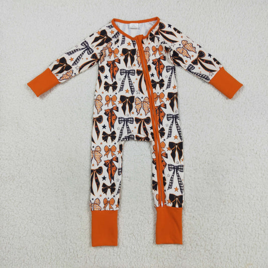 LR2409 Baby Girls Orange Black Bows Stars Halloween Zipper Footed Rompers