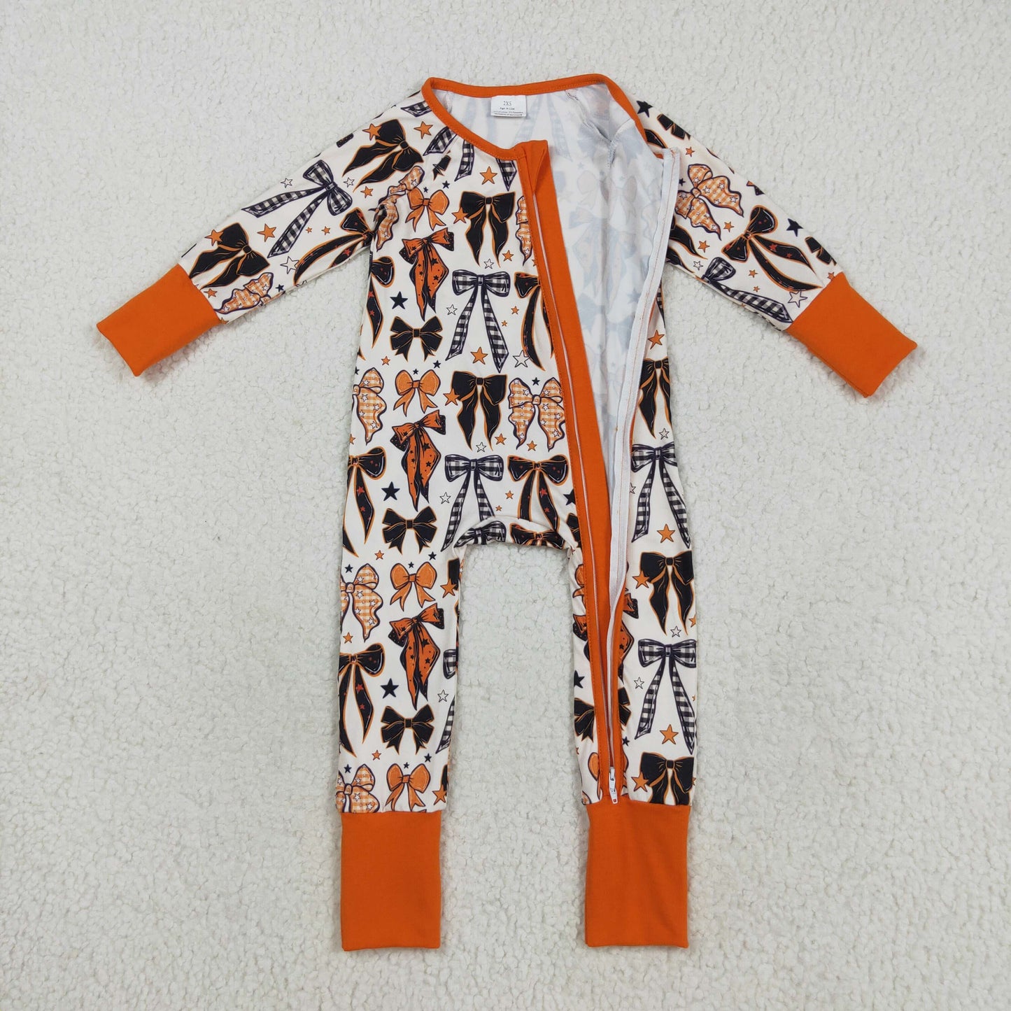LR2409 Baby Girls Orange Black Bows Stars Halloween Zipper Footed Rompers