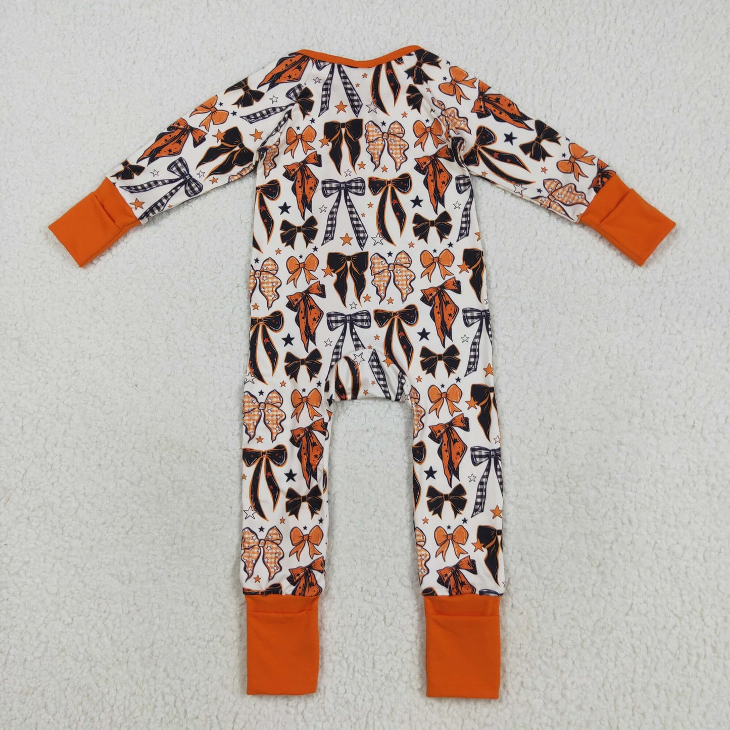LR2409 Baby Girls Orange Black Bows Stars Halloween Zipper Footed Rompers