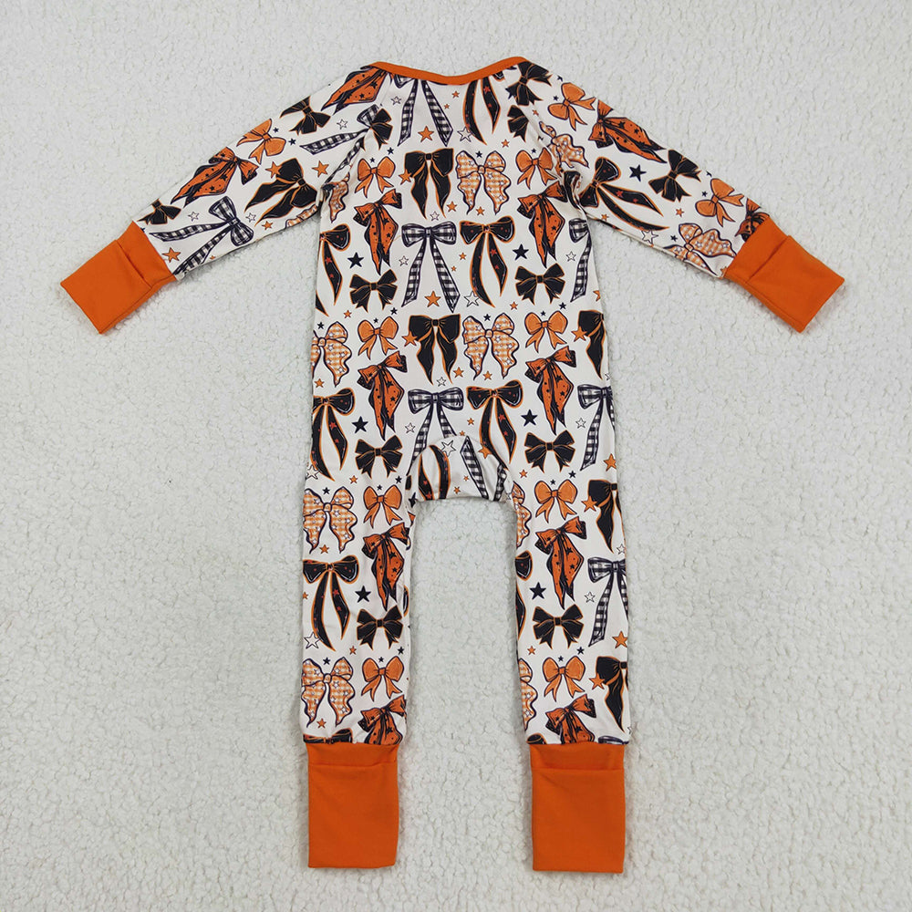 Sibling Baby Kids Orange Black Bows Stars Halloween Pajams Sets Zipper Footie Rompers