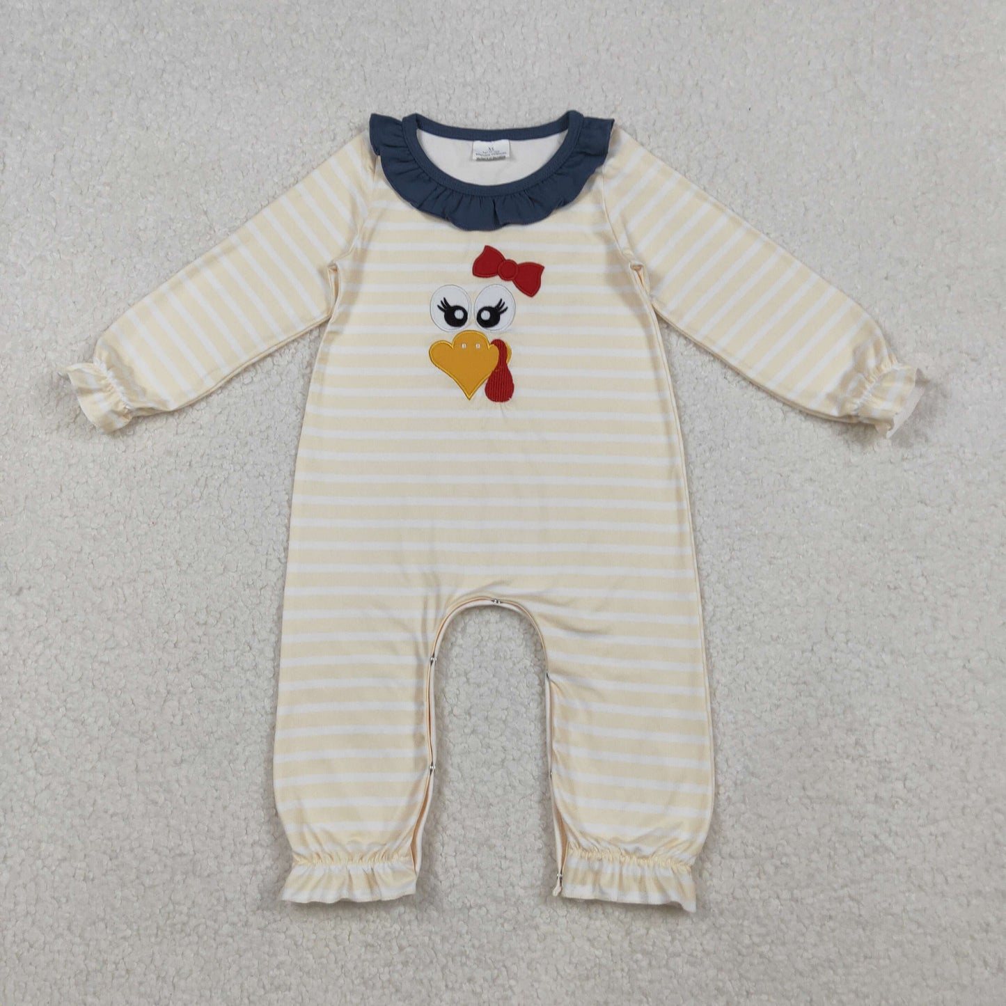 LR2424 Baby Girls Embroidery Turkey Thanksgiving Stripe Ruffle Footie Rompers