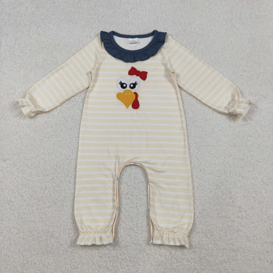 LR2424 Baby Girls Embroidery Turkey Thanksgiving Stripe Ruffle Footie Rompers