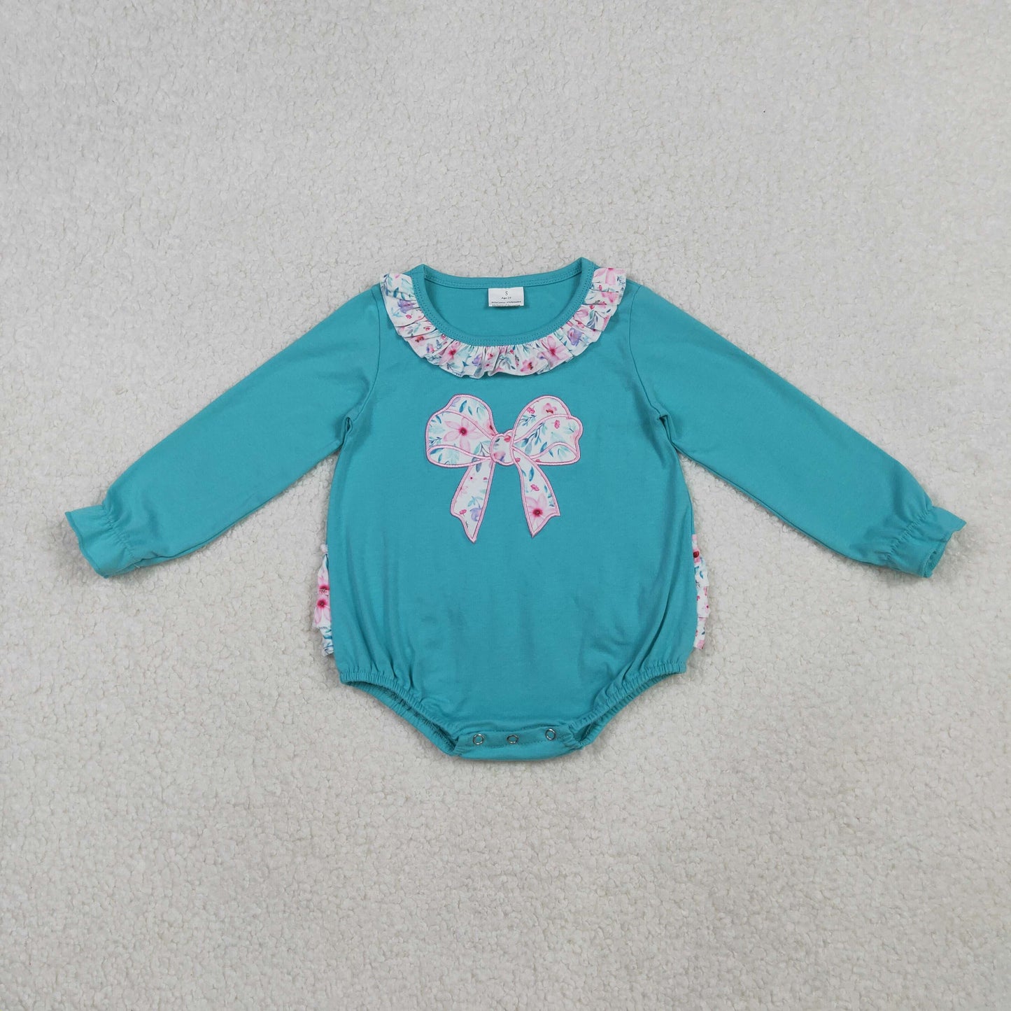 LR2432 Baby Girls Embroidery Floral Bows Bubbly Ruffle Collar Rompers