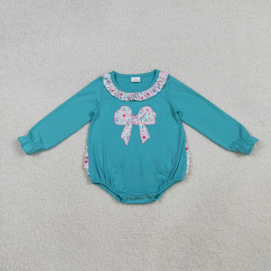 LR2432 Baby Girls Embroidery Floral Bows Bubbly Ruffle Collar Rompers