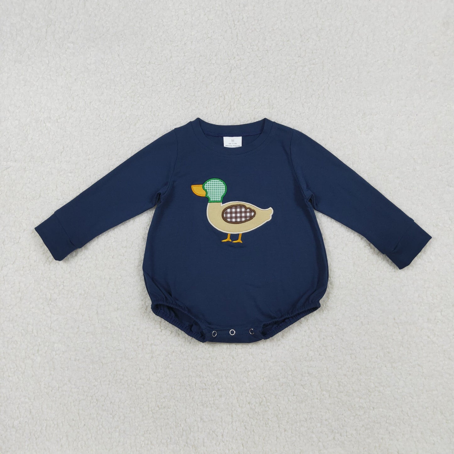 LR2436 Baby Boys Navy Long Sleeve Embroidery Ducks Rompers