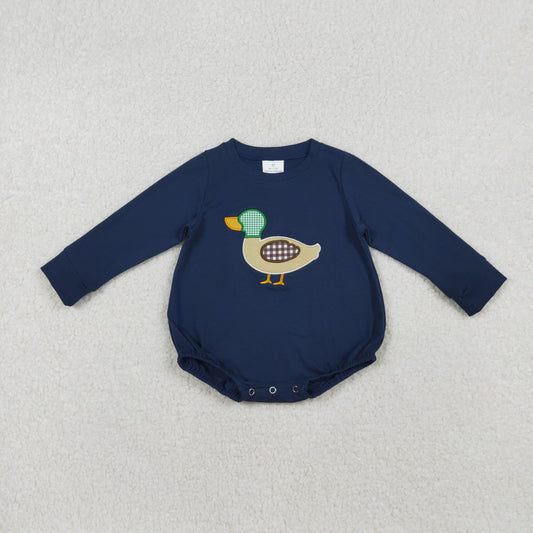 LR2436 Baby Boys Navy Long Sleeve Embroidery Ducks Rompers