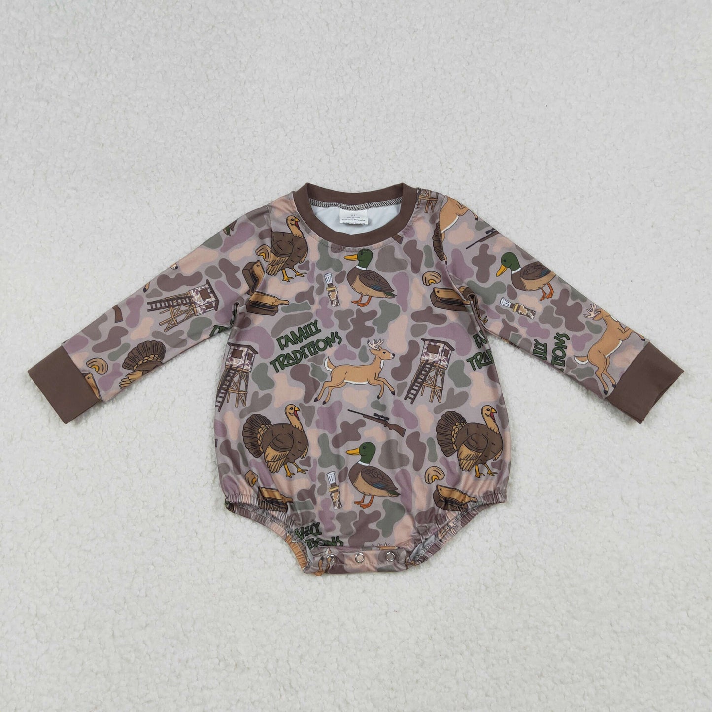 LR2440 Baby Boys Long Sleeve Turkey Ducks Camo Hunting Rompers