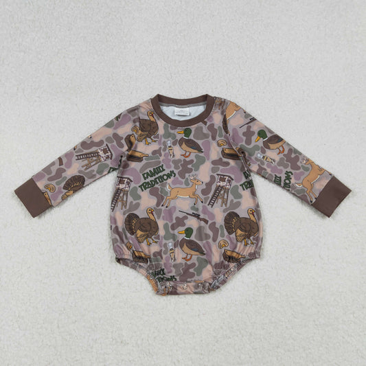 LR2440 Baby Boys Long Sleeve Turkey Ducks Camo Hunting Rompers
