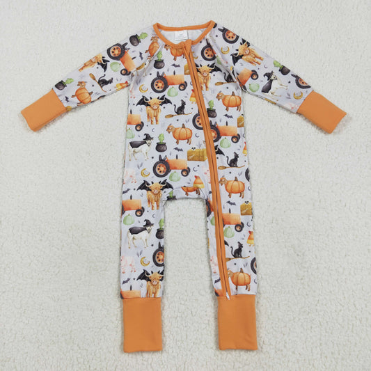 LR2405 Baby Boys Pumpkins Trucks Bats Halloween Zipper Footie Rompers