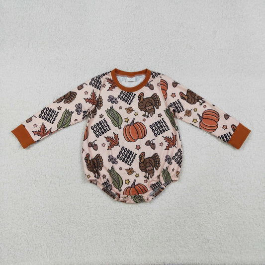 LR2447 Baby Boys Long Sleeve Turkey Pumpkins Thanksgiving Rompers