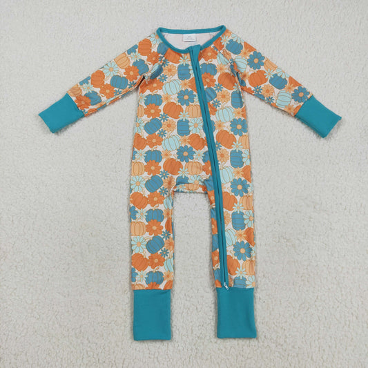 LR2461 Baby Girls Orange Blue Pumpkins Flowers Fall Zipper Footed Rompers
