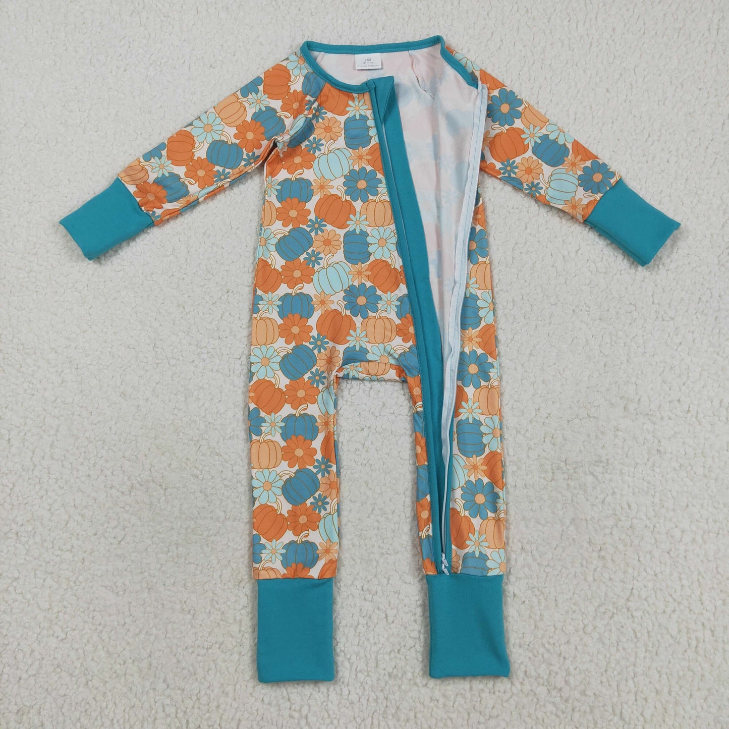 LR2461 Baby Girls Orange Blue Pumpkins Flowers Fall Zipper Footed Rompers