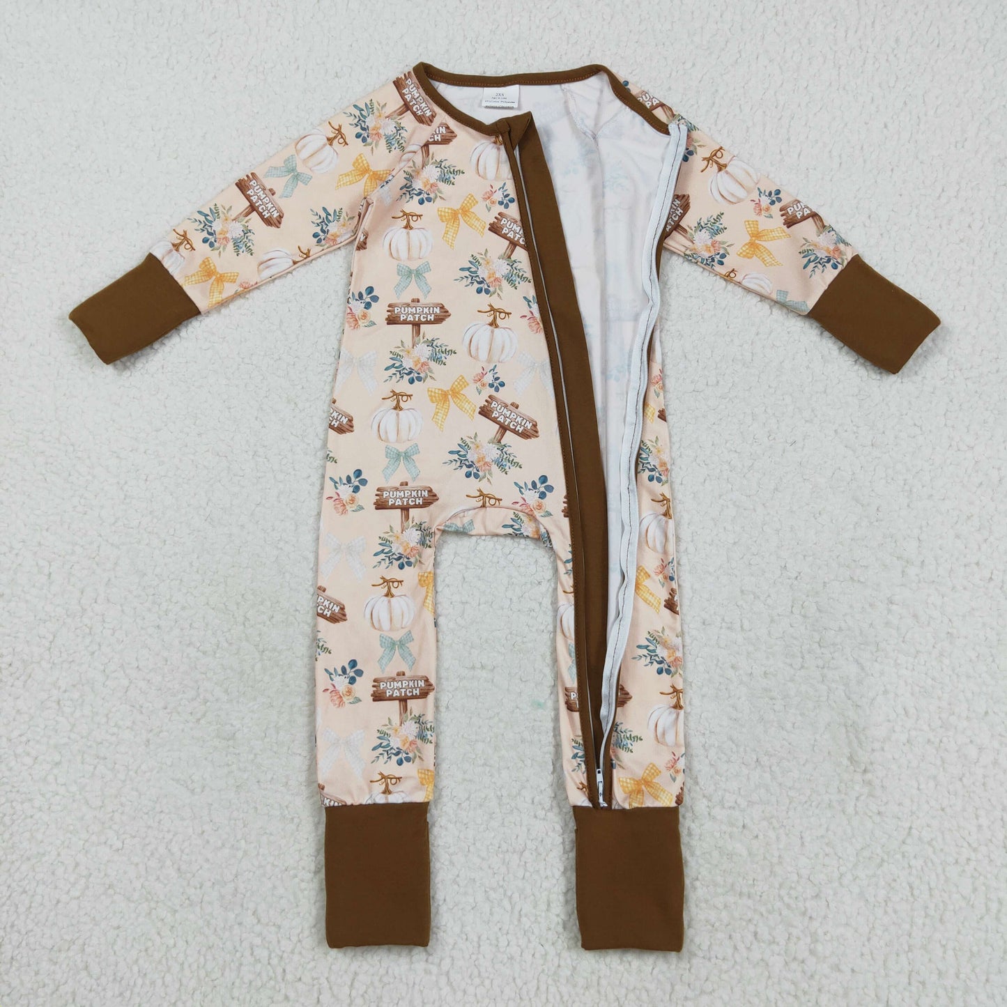 LR2462 Baby Girls Khaki Pumpkins Flowers Fall Zipper Footed Rompers