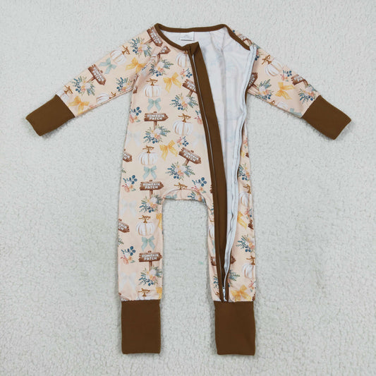 LR2462 Baby Girls Khaki Pumpkins Flowers Fall Zipper Footed Rompers