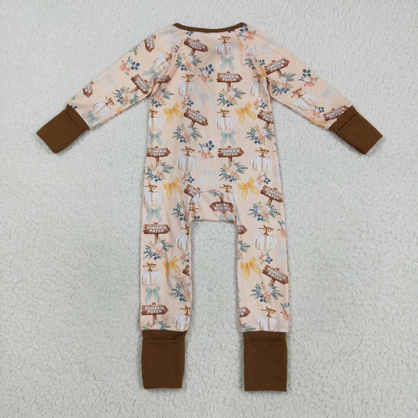 LR2462 Baby Girls Khaki Pumpkins Flowers Fall Zipper Footed Rompers