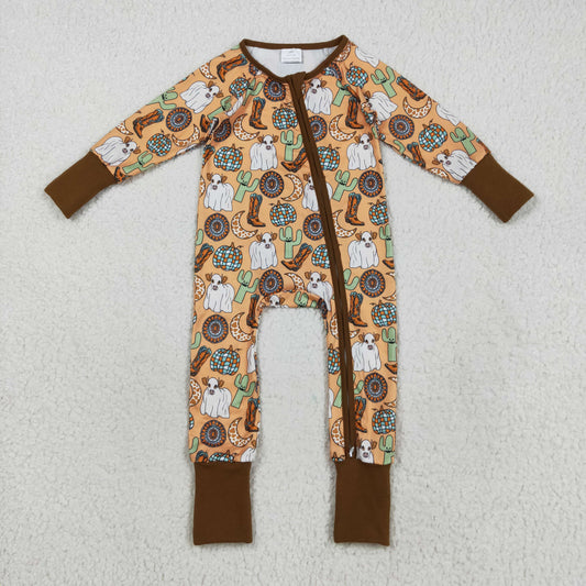 LR2463 Baby Boys Cactus Pumpkins Highland Cows Western Fall Zipper Footed Rompers
