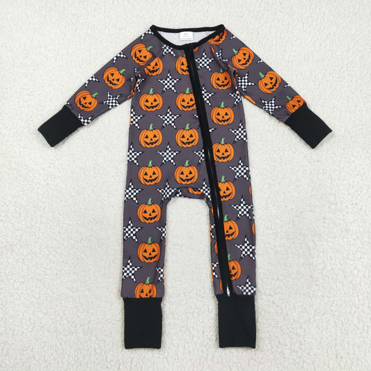 LR2464 Baby Boys Ghost Pumpkins Stars Halloween Zipper Footed Rompers
