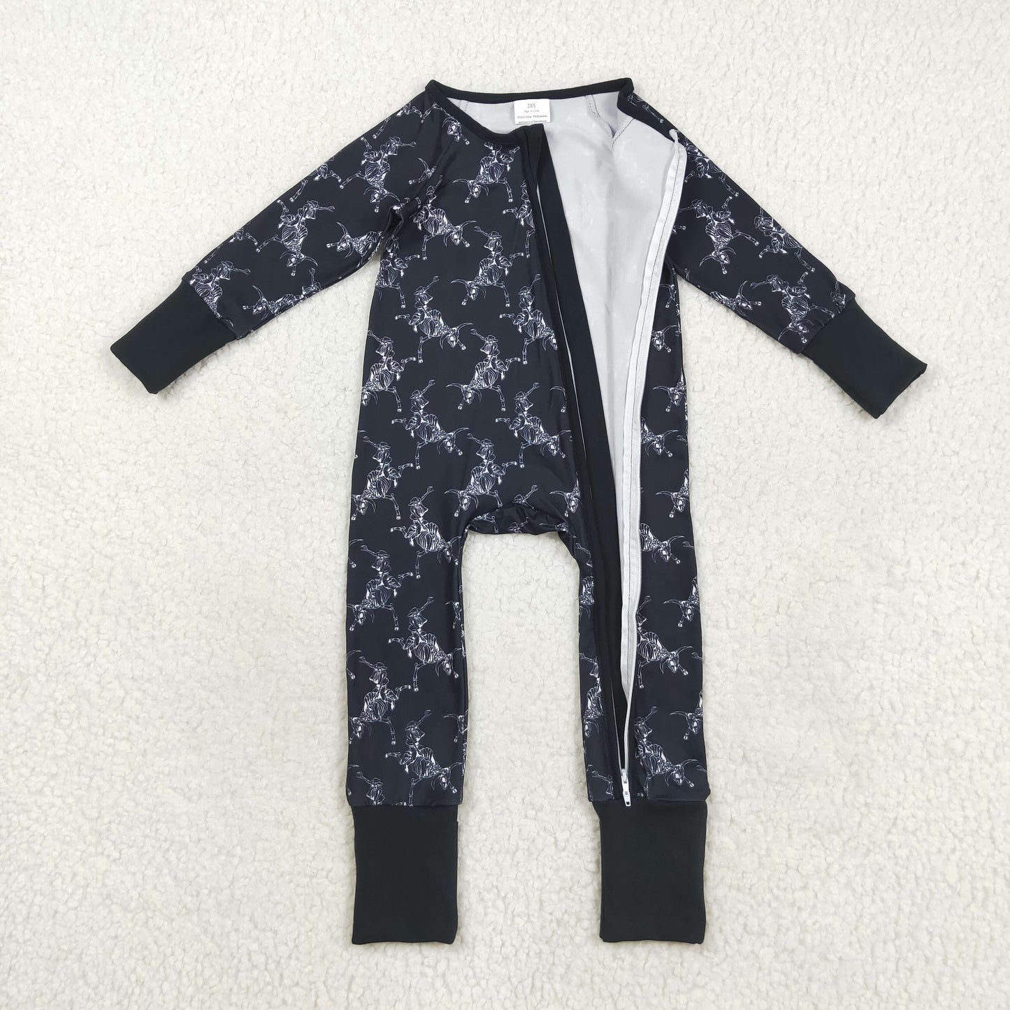 LR2466 Baby Boys Black Western Cows Rodeos Zipper Footed Rompers