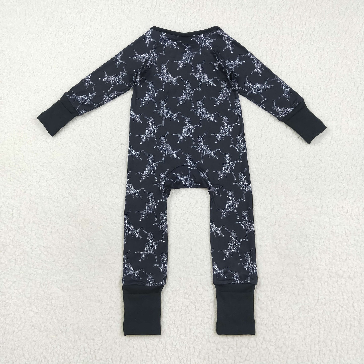 LR2466 Baby Boys Black Western Cows Rodeos Zipper Footed Rompers