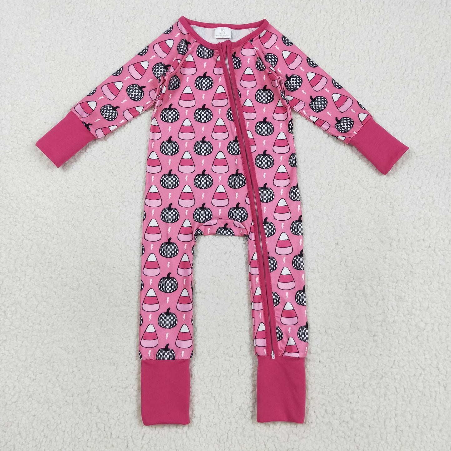 LR2467 Baby Girls Pink Pumpkins Candy Halloween Zipper Footed Rompers