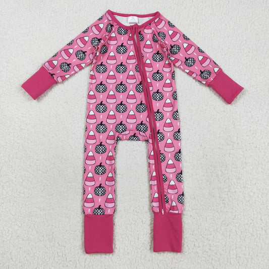 LR2467 Baby Girls Pink Pumpkins Candy Halloween Zipper Footed Rompers